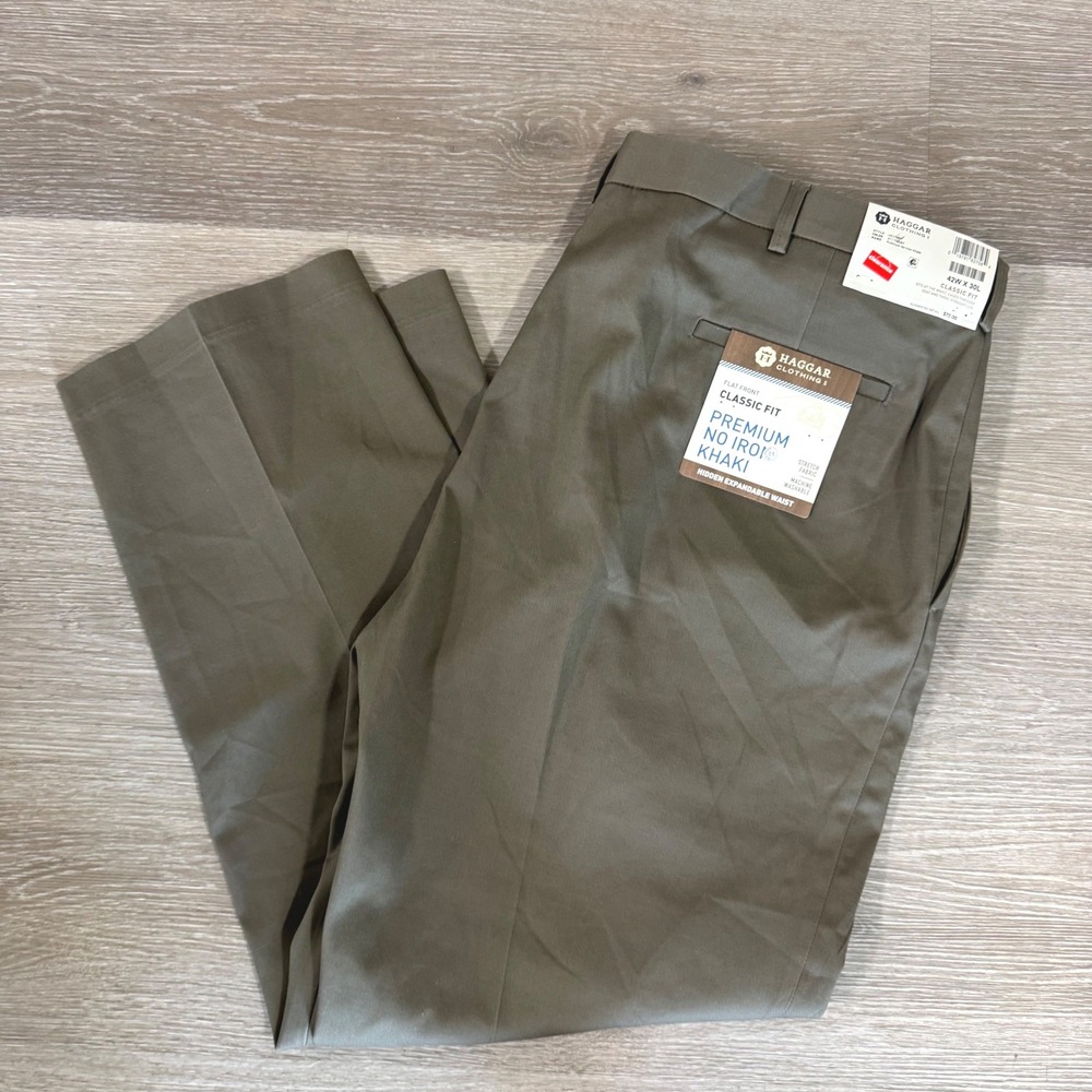 NWT Haggar Pants Mens 42x30 Brown Premium No Iron Classic Fit Stretch Flat Front